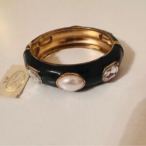 Elegant Black and Gold Bracelet with Pearl and Crystal Accent, NWT